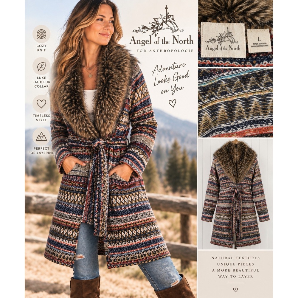 Anthropologie Angel of the North Coat L Lambswool Fair Isle Faux Fur Boho Belted